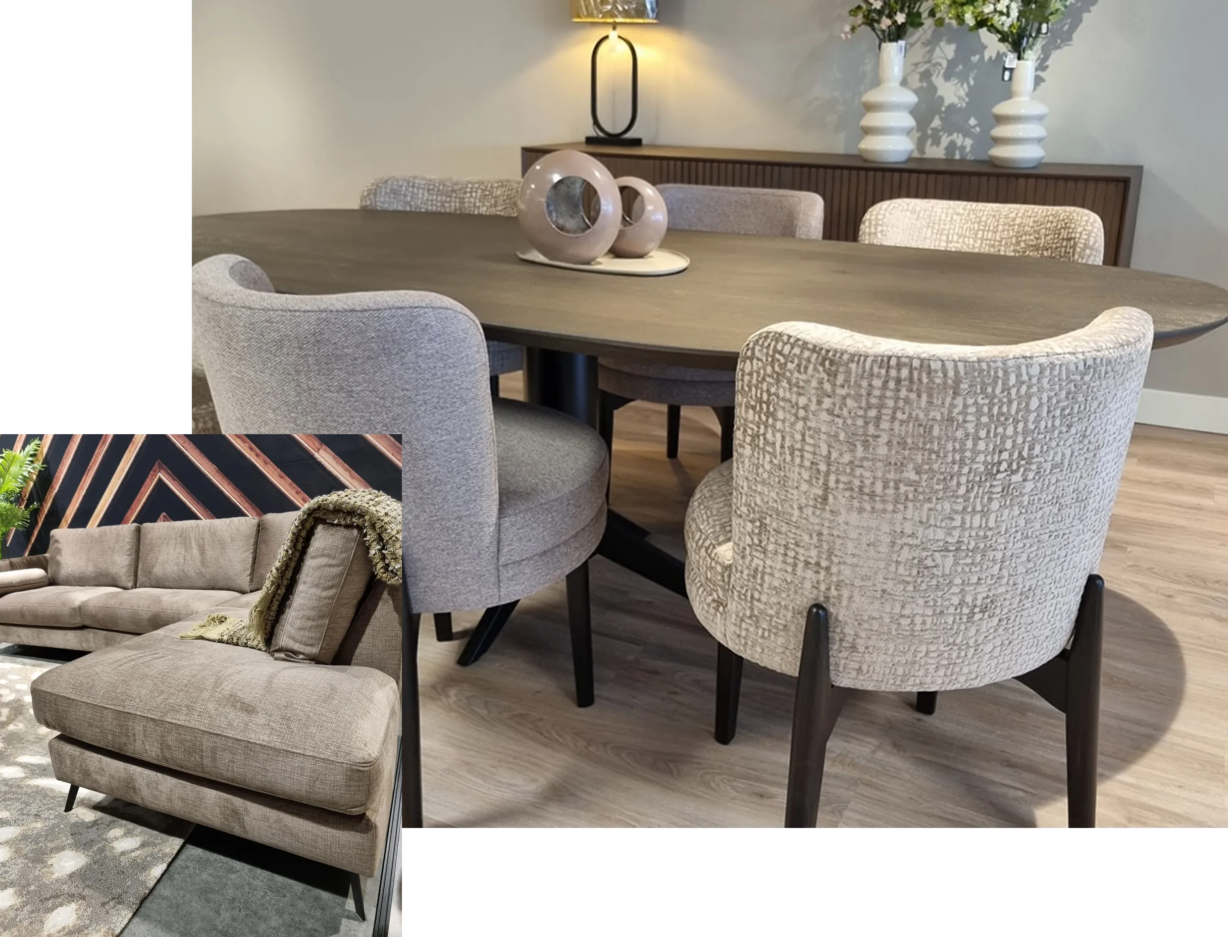 Zwarte houten tafel met stoelen en een grijze hoekbank